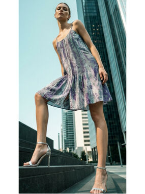 Akualani Pleated Camisole Dress Size S Grey Purple Abstract Print Drop Waist NEW